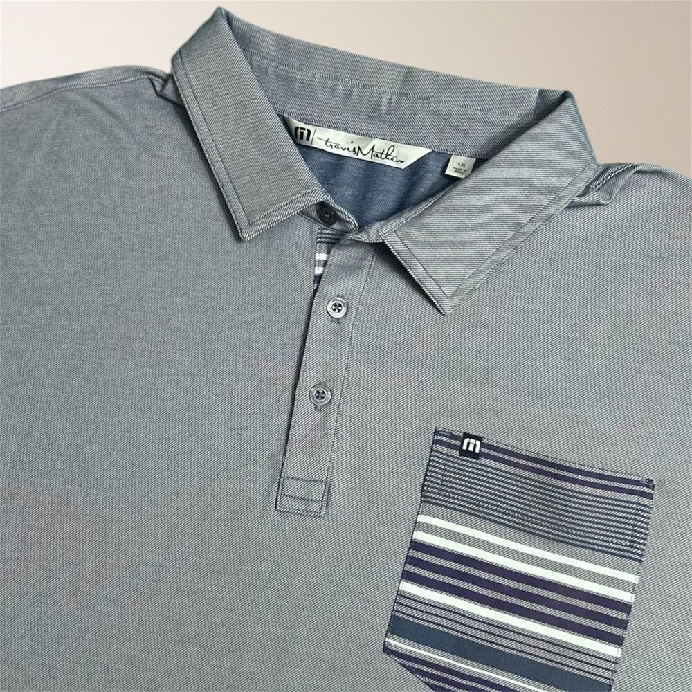 Travis Mathew XXL Gray Golf Polo Shirt Stripe Pocket Performance Stretch‎ Preppy